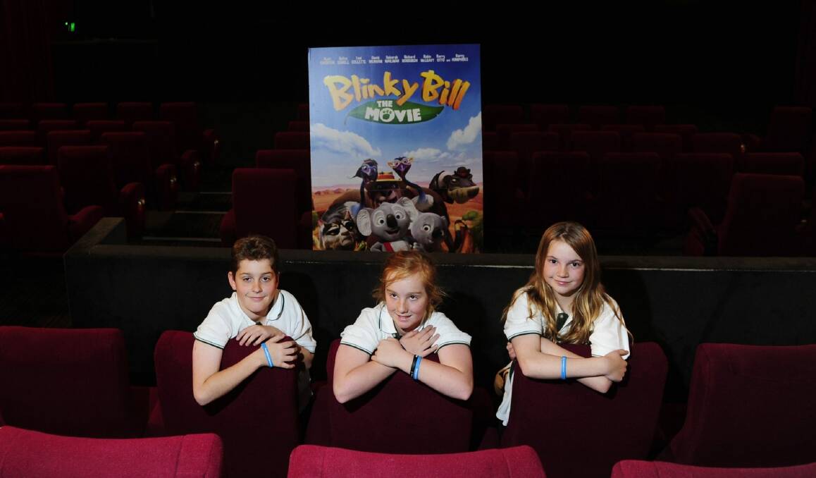 Year 6 students, from left, Mitchell Schmidt aged 11 of Oxley,  Brianna Gray aged 11 of Monash and Lucy Cunningham aged 11 of Kambah are school friends of Tara Costigan's sons who are putting together a special preview screening of Blinky Bill the movie at Limelight Cinemas in Tuggeranong to raise money for the Tara Costigan Foundation.  Photo: Melissa Adams