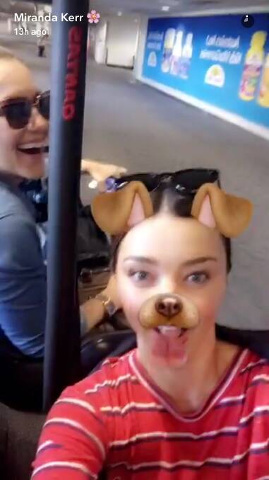 "No dogs allowed in Australia," Miranda Kerr posted on Snapchat in the arrivals hall at Sydney airport. Photo: Snapchat