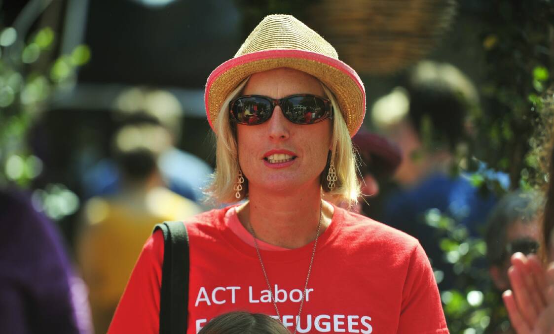 Senator Katy Gallagher at Garema Place in Civic for the Palm Sunday refugee rally.  Photo: Melissa Adams
