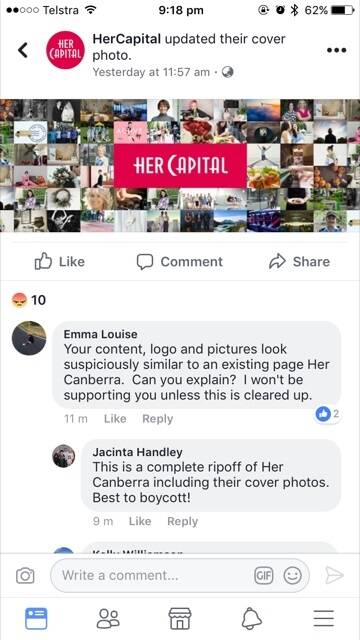 Social media users quickly called out The RiotACT for using very similar branding to HerCanberra when it created HerCapital. Photo: supplied
