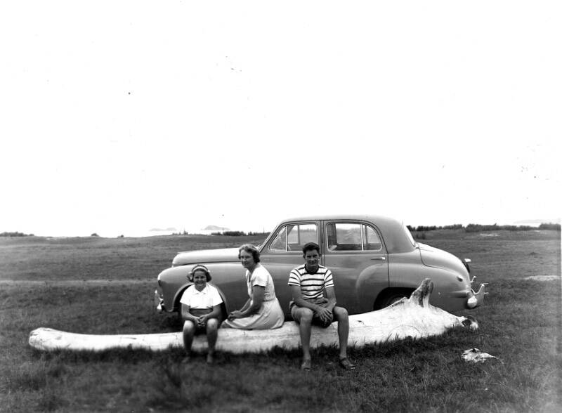 Malcolm Morgan, right, his sister Maree and mother Lorna on the whale bone seat at Long Beach in 1951. Picture: Eddie Morgan