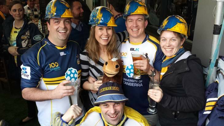 Brumbies fans Laura Wright, Matt Sutherland, Kate Inman, Ben Cuttriss and Trevor (aka Brumbies Man) are in Waikato to see the Brumbies take on the Chiefs. Photo: Chris Dutton