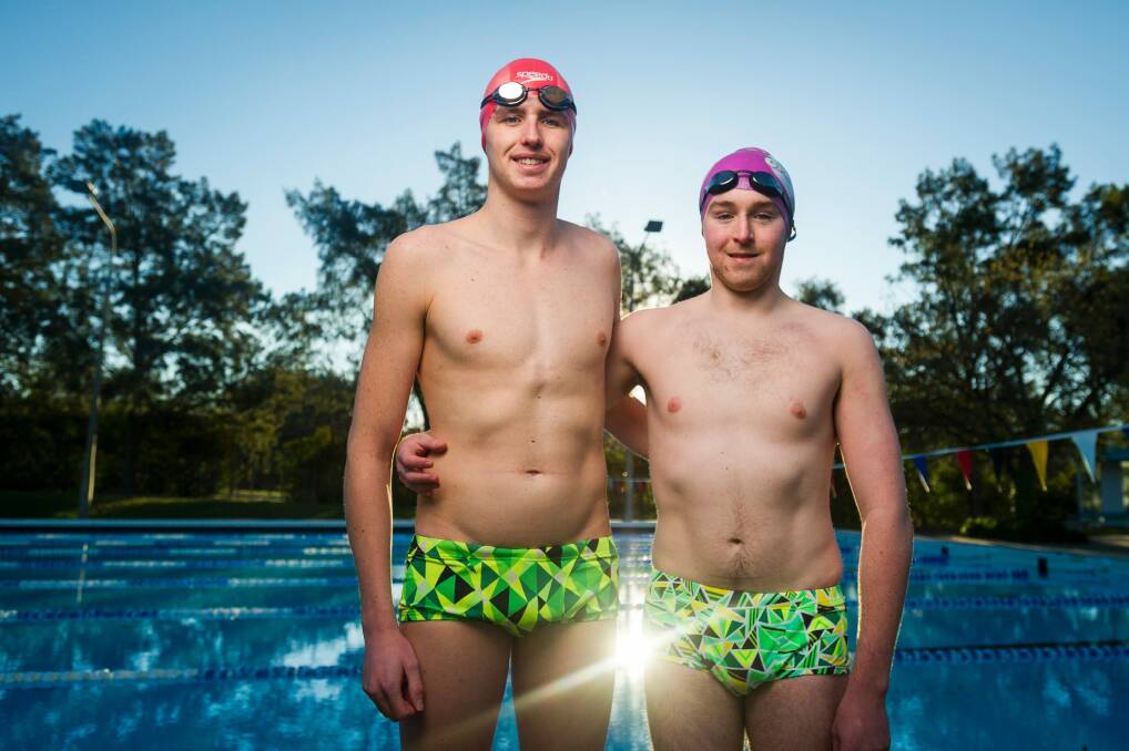 Ben Freeman and Joe Pascall about to dive into the unheated, outdoor pool at Phillip. In winter. In Canberra. Photo: Dion Georgopoulos