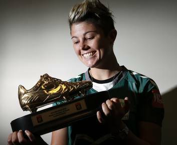 Canberra United player Michelle Heyman with the 2012 Golden Boot. Photo: Jeffrey Chan JCC