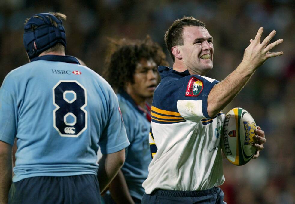 Owen Finegan celebrates a try in the Brumbies' semi-final win against the Waratahs. Photo: Reuters