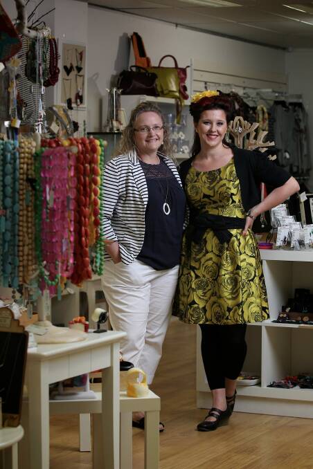 Julie Nichols, left, and Rachel Evaloglou, of Handmade Canberra, in their shop in Canberra. Photo: Alex Ellinghausen