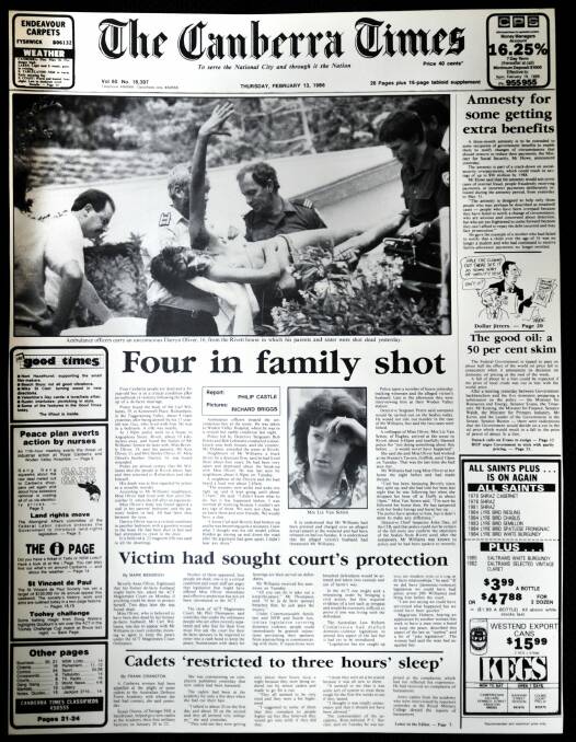 The Canberra Times' next-day coverage of the February 12, 1986 shootings. Photo: Fairfax