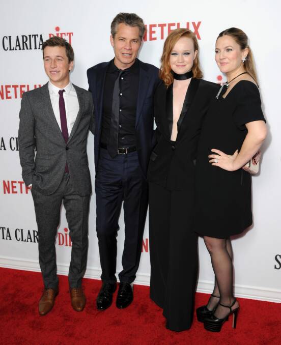 Skyler Gisondo, from left, Timothy Olyphant, Liv Hewson and Drew Barrymore arrive at the Los Angeles premiere of "Santa Clarita Diet". Photo: Richard Shotwell