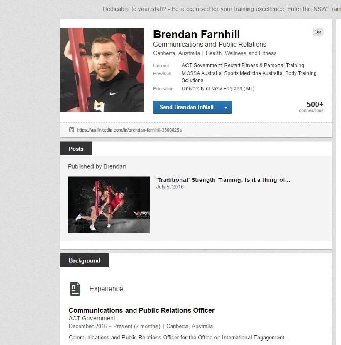 A screenshot of Brendan Farnhill's LinkedIn page showed he was hired for the Office of International Engagement job in December. Photo: Screenshot/LinkedIn