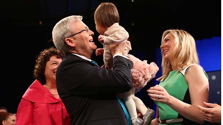 Prime Minister Kevin Rudd with his granddaughter Josephine, wife Therese Rein and daughter Jessica at the ALP campaign launch. Photo: Andrew Meares