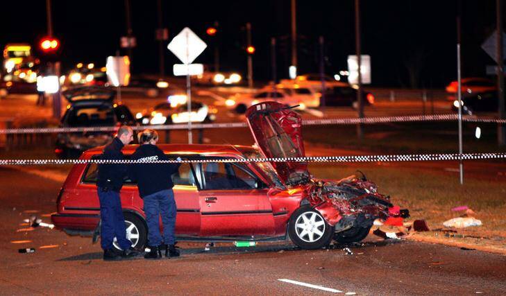 ACT Policing Forensic Officers investigate the collision on Yamba Drive outside Canberra Hospital. Photo: Jeffrey Chan