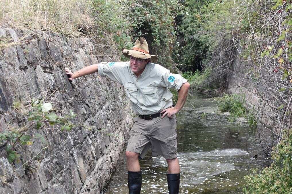 Tim checks-out the 180 year old convict canal which runsbeneath the Federal Highway at Lake George. Photo: Emma Minion