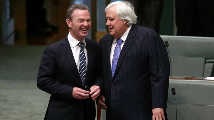 Leader of the house Christopher Pyne and Palmer United Party leader Clive Palmer. Photo: Alex Ellinghausen