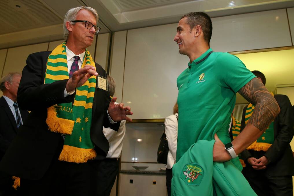 FFA boss David Gallop greets Socceroo star Tim Cahill during the Friends of Parliament event with the Socceroos at Parliament House in Canberra. Photo: Alex Ellinghausen