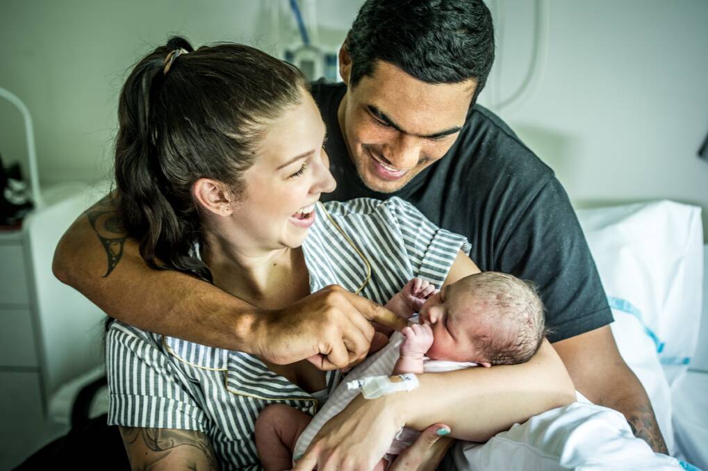 Brumbies player Chance Peni, partner Mellissa Mellross and new daughter Kiana all have the same birthday. January 17th. (parents 1994 and baby 2019)  Photo: Karleen Minney