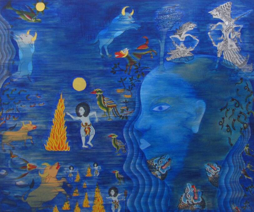 Christanto's <i>Pahang</I>, 2015, features his common motif of a submerged blue head, a metaphor for the loss of traditional knowledge.