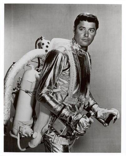 As seen on TV: John Robinson suited up with a fictional jetpack in 1965 for <i>Lost in Space</i>. Photo: Supplied