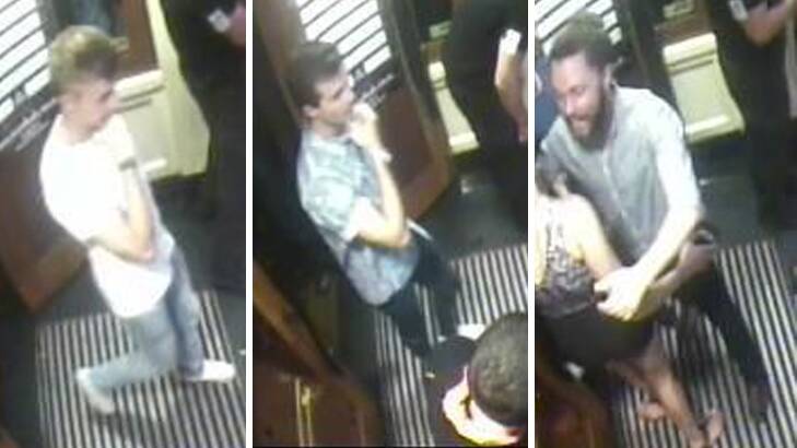Three men police would like to speak with in relation to an assault on a woman at a Civic nightspot last month. 
 Photo: Supplied