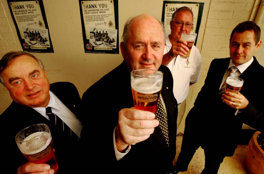 (Now Governor-General Sir) Peter Cosgrove touts the Legacy charity, and VB beer, back in 2009. Photo: Darren Pateman