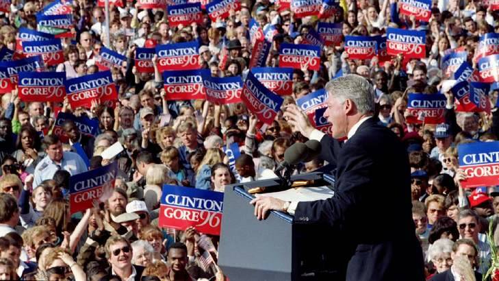 Classic Clinton ... Former US president Bill Clinton addresses a campaign rally on the steps of City Hall in University City, just west of St Louis, in 1996.