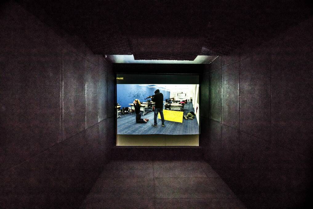 Inside an Australian Target Systems firing range housed in a shipping container.  Photo: Sitthixay Ditthavong