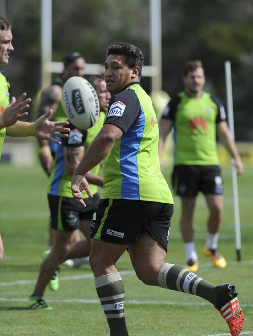 Josh Papalii trains on Tuesday ahead of the Raiders' match against Canterbury on Monday night. Photo: Graham Tidy