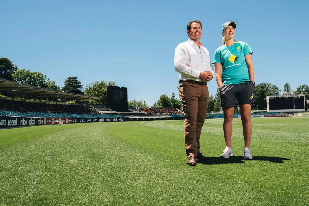 Mark Taylor with Australian Cricketer Ellyse Perry at Manuka Oval Photo: Rohan Thomson