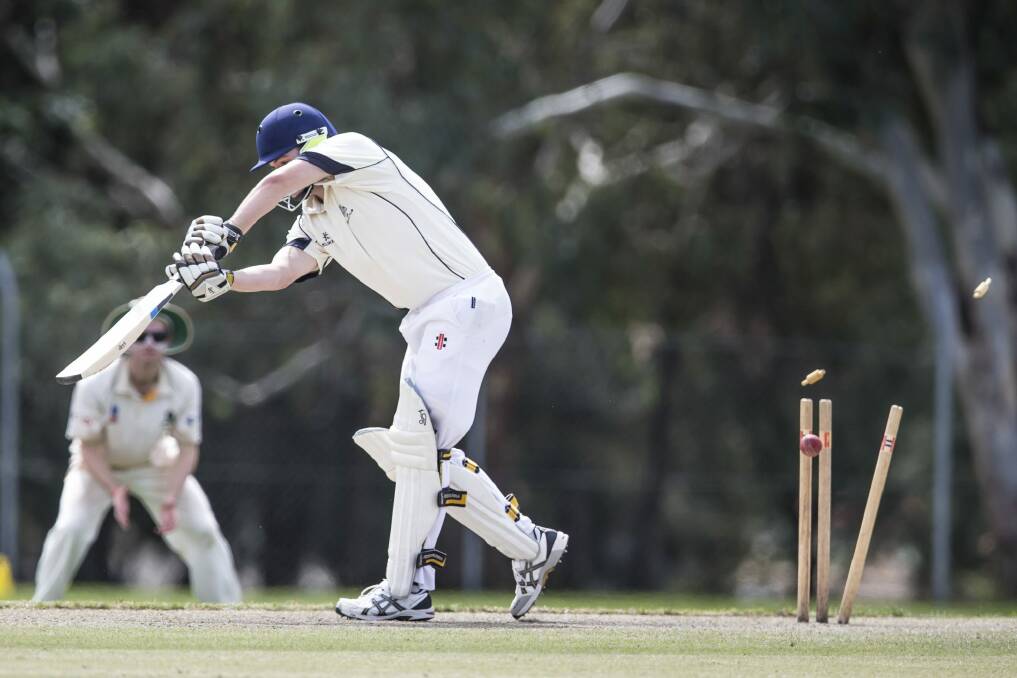 Jackson Long is bowled by Djali Bloomfield at Stirling Oval. Photo: Matt Bedford