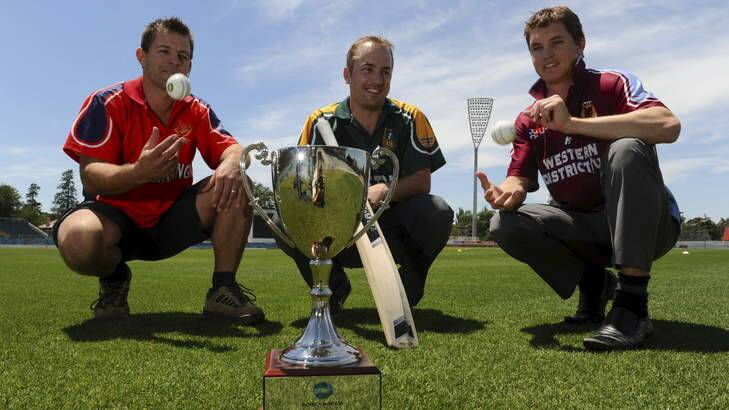 The three captains of the Canberra T20 teams contesting the cricket finals on Sunday at Manuka Oval. Michael Wescombe (Tuggeranong), Adam Rhynehart (Weston Creek) and Ben Oakley (Wests/UC). Photo: Graham Tidy