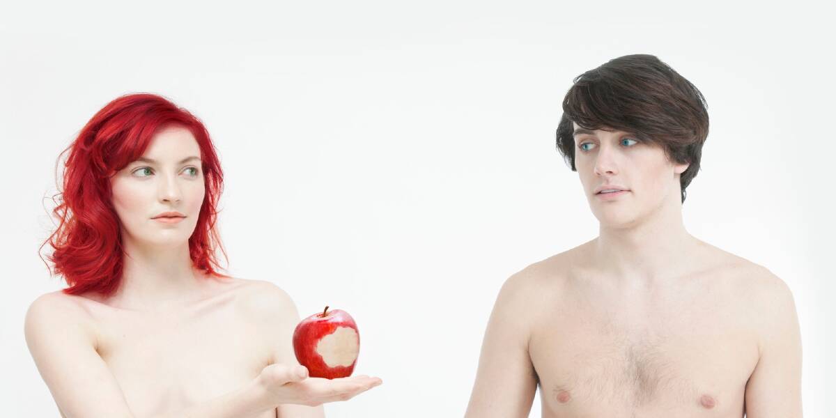 Eve, being nakedly opportunistic,  offers Adam a bit of forbidden fruit. Photo: Huffington Post.