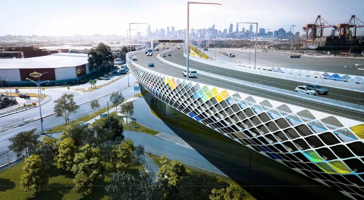 An artist's impression of the Footscray Road elevated freeway section of the West Gate Tunnel.  Photo: Victorian government