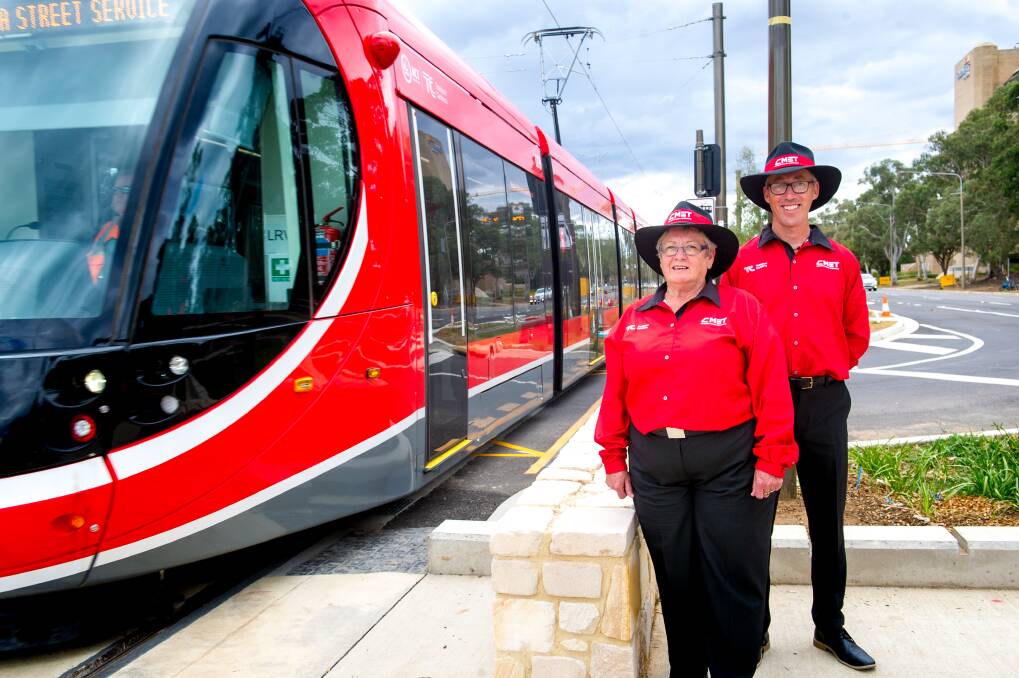 Canberra Metro customer service officers Joanne Meeuwissen and Garry Starling ahead of the planned launch of the light rail on April 20. Photo: Elesa Kurtz