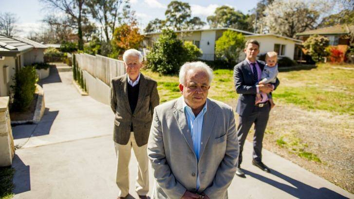 : From left, Maurice Deveze, David Templeman and Stephen Gaffey, with his son, Jim, are unhappy with  a development application for consent to replace a four-bedroom property with four double-storey townhouses. Photo: Jay Cronan