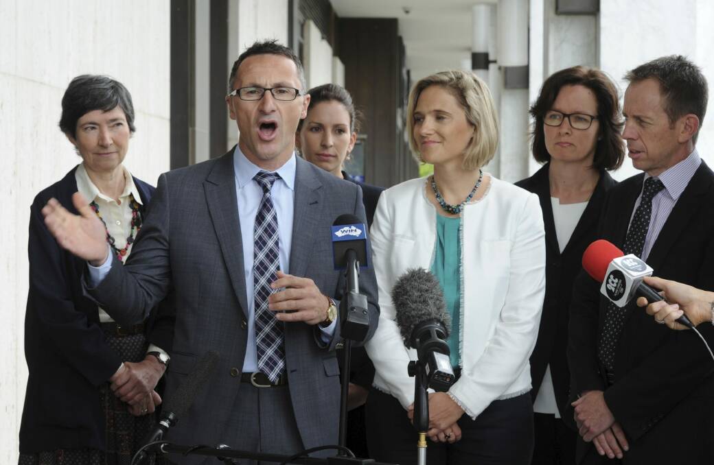 Patricia Cahill (second from right) with fellow Greens candidates Sue Wareham, Carly Saeedi, Christina Hobbs, federal Greens leader Richard DiNatale and ACT Greens leader Shane Rattenbury. Photo: Graham Tidy.