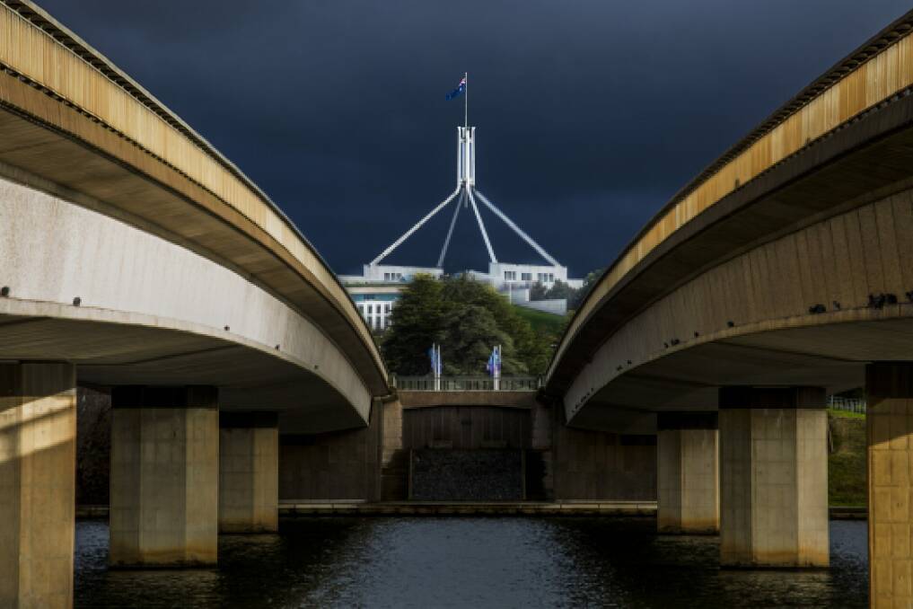 Parliament House from Commonwealth Avenue Bridge. The National Capital Authority could force the ACT government to realign its light rail route to Woden away from the bridge because of its nationally significant vista. 
