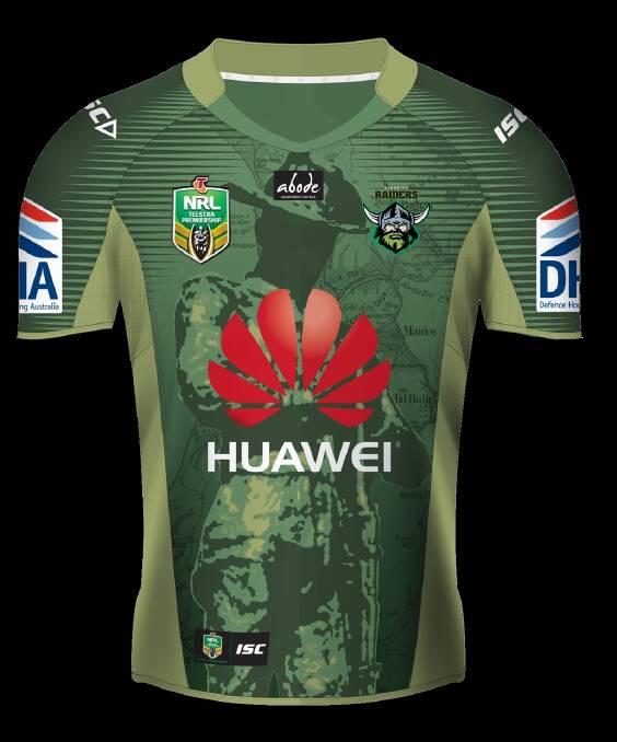 The Canberra Raiders' jersey for Anzac weekend 2015. Photo: act\chris.wilson