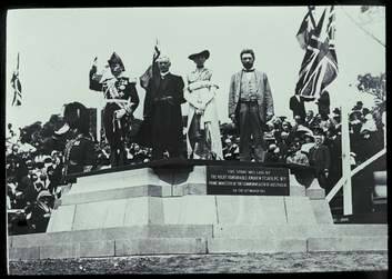 The city was officially named by Lady Denman, at a ceremony on Kurrajong Hill (now known as Capital Hill). Left to right are Lord Denman, Prime Minister Andrew Fisher, Lady Denman and King O'Malley. Photo: National Library of Australia