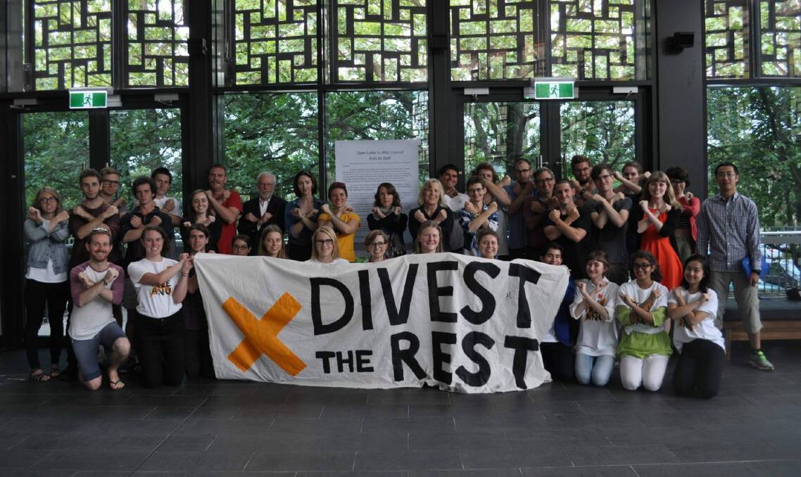 Anti-fossil fuel campaigners at Australian National University on Tuesday. Photo: Supplied