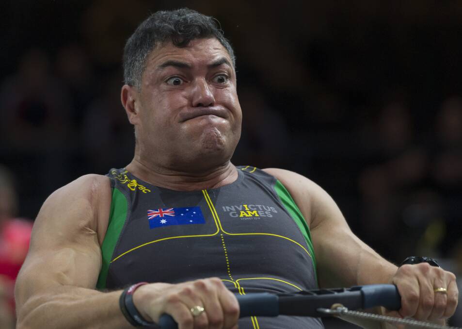 Gold medallist Ben Farinazzo competes in the indoor rowing at the Invictus Games in Sydney. Photo: Craig Golding