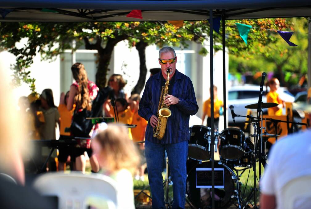 Demetri Neidorf, of Ainslie, on the saxophone at Campbell shops for Parties at the Shops. Photo: Melissa Adams