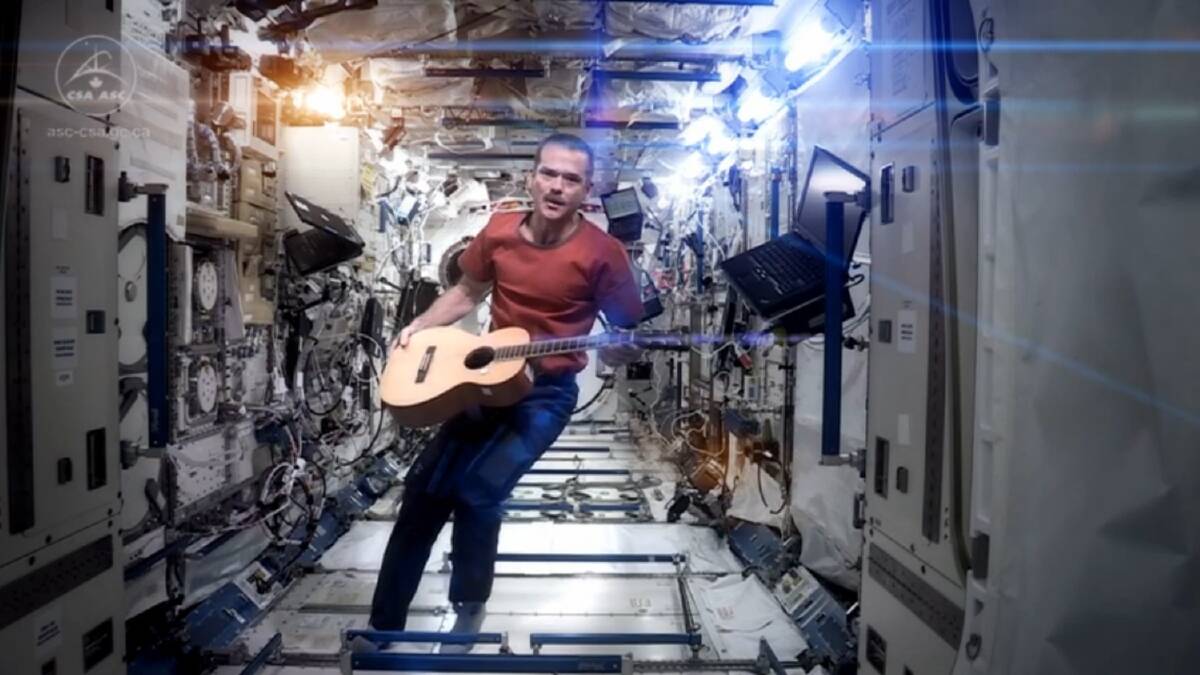 Chris Hadfield performing his zero-gravity version of David Bowie's hit "Space Oddity".