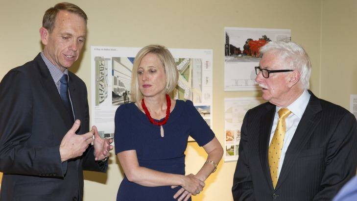 Capital Metro Minister Simon Corbell, Chief Minister Katy Gallagher and Capital Metro Agency Project Board chairman John Fitzgerald at the light rail business case launch. Photo: Matt Bedford