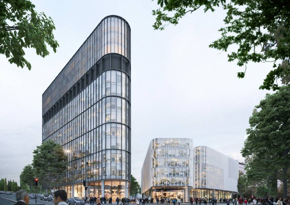 An artist's impression of the new government office (at right) and adjacent building, from the Constitution Avenue/London Circuit corner. Photo: Supplied
