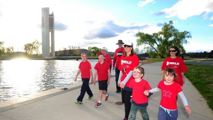 Canberra's Big Red Kidney Walk is on this Sunday, starting at the Central Basin loop and finishing near the National Carillon. Supporting the walk are from left, Ryan Doyle,10, of Conder, Declan Yates,10, of Conder, Joan Scott of Latham, John Scott of Latham, Kathryn Tucker of O'Connor, Charlie Rischin, 5, of O'Connor, Rosie Vukovljak, 5, of O'Connor and Sara Rischin of O'Connor. Photo: Melissa Adams