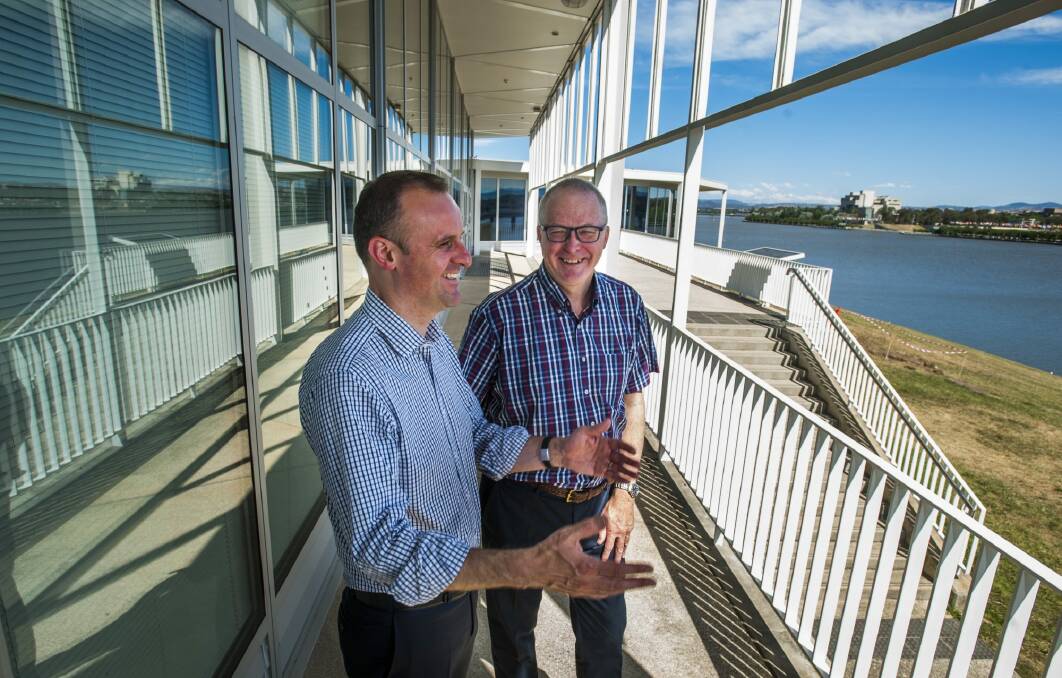 National Capital Authority chief executive Malcolm Snow, right, who has now been appointed to head the ACT's City Renewal Authority, with Chief Minister Andrew Barr. Photo: Elesa Kurtz
