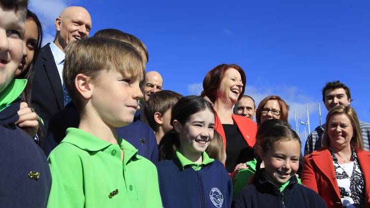Prime Minister Julia Gillard met pupils from Bonython Public School at the sea of hands at Parliament House today. Photo: Andrew Meares