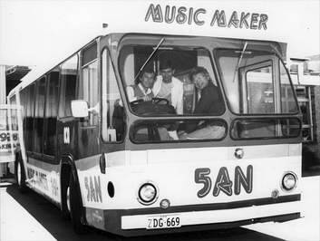 STOPPING ALL STATIONS: Is this the coolest vehicle ever to wear a Z-plate? This ABC image shows Ralph Bain, far right, aboard Adelaide's 5AN mobile studio in April 1983. Also pictured are, from left, Richard Combe and Brian Shrowder. Photo: Supplied