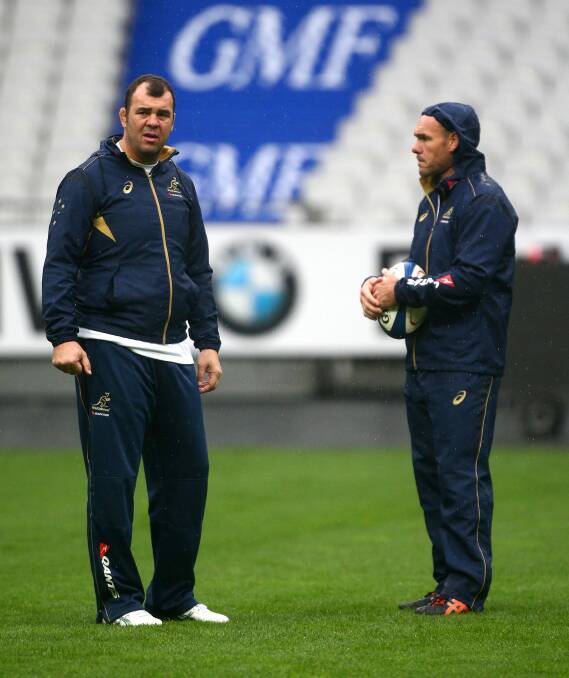 Brains trust: Wallabies head coach Michael Cheika and backs coach Nathan Grey in Paris on the spring tour. Photo: Getty Images
