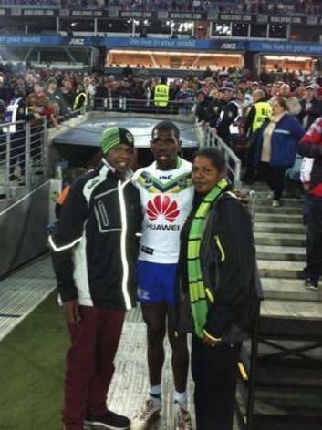 Raiders debutant Edrick Lee with his parents Samuel Lee and Connie Blankett at ANZ Stadium last Friday. Photo: Ben Pollack