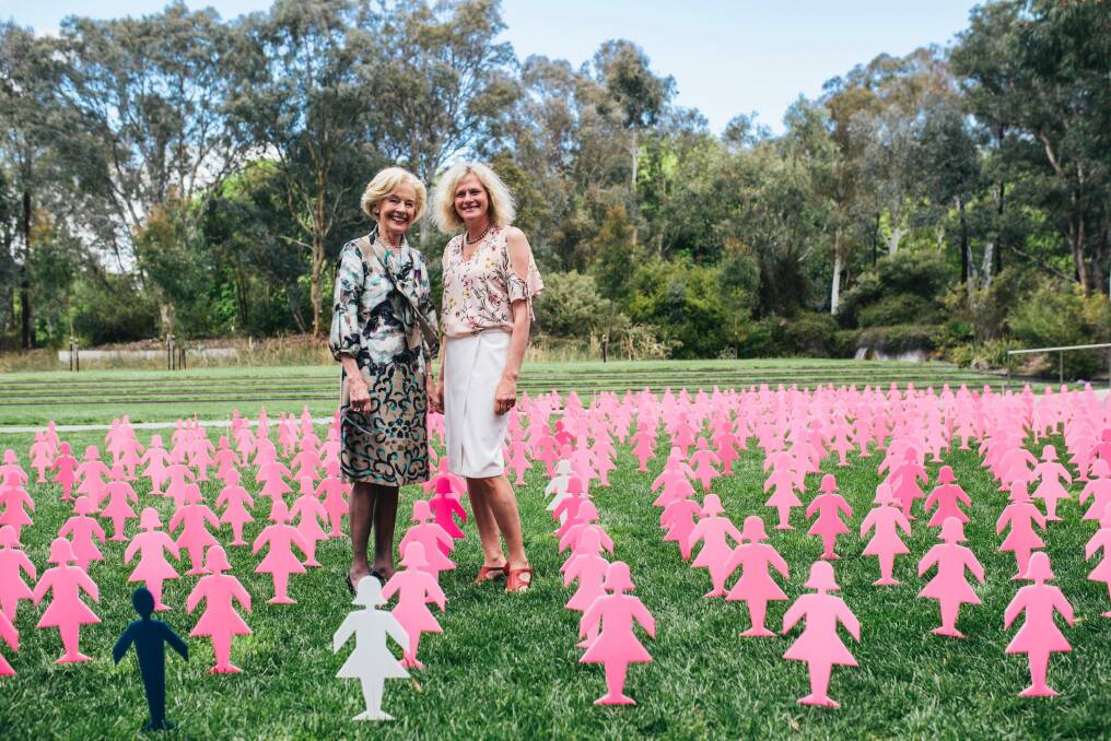 Breast Cancer Network Australia patron Dame Quentin Bryce with board member and breast cancer survivor Megan James in Canberra on Wednesday. Photo: Rohan Thomson